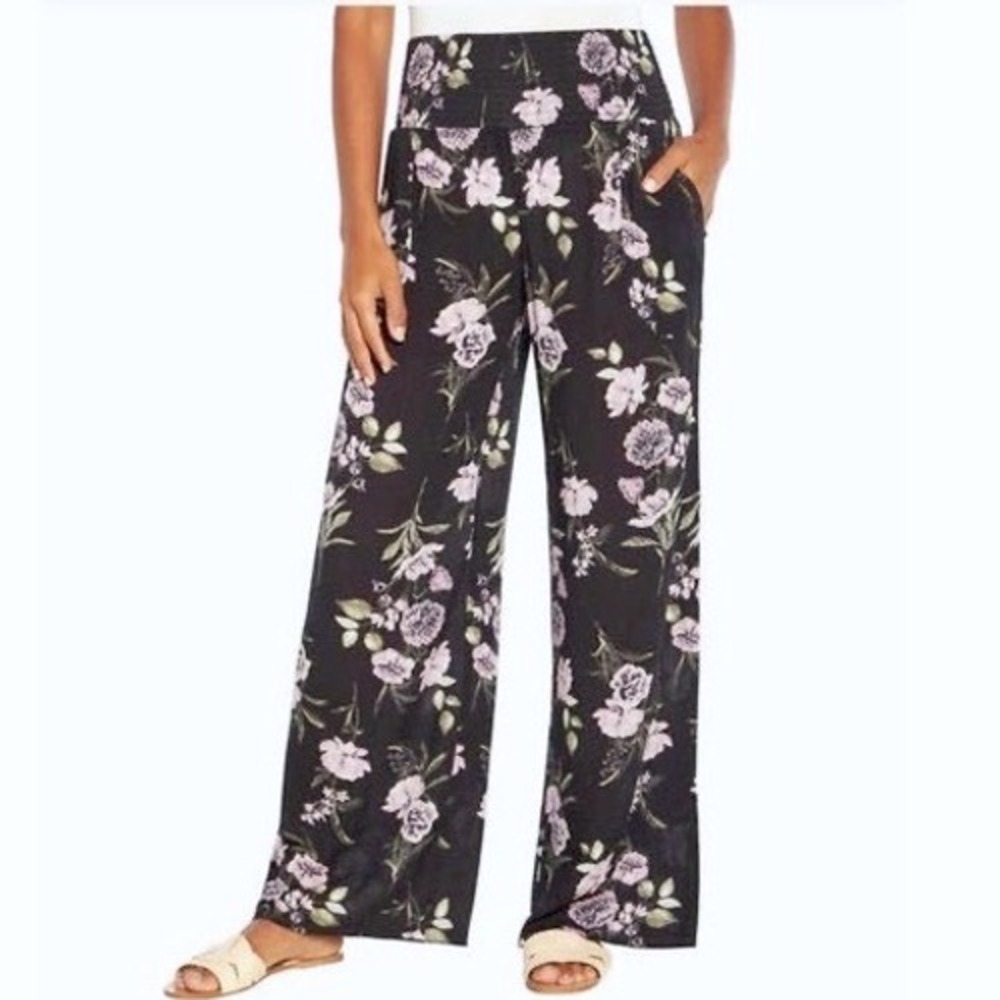 Three Dots Women's‎ XL Navy Floral Crinkle Smocked Waist Straight Leg Pants Swim